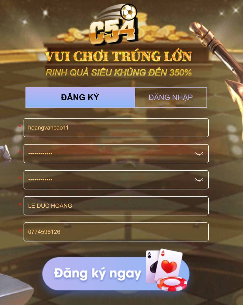 C54 – Nhà Cái Uy Tín, Giải Trí Đỉnh Cao Cho Game Thủ Việt 14 Bước 2: Nhấn vào nút “Đăng ký” và điền thông tin